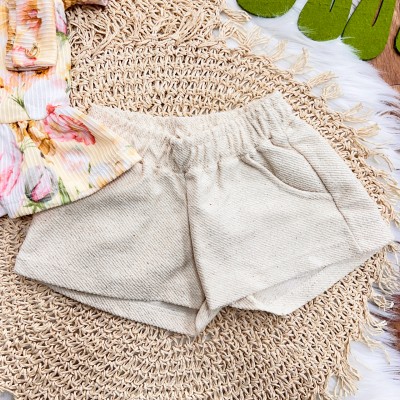 Conj. Blusa Anarruga Floral e Short em Linho - Amarelo